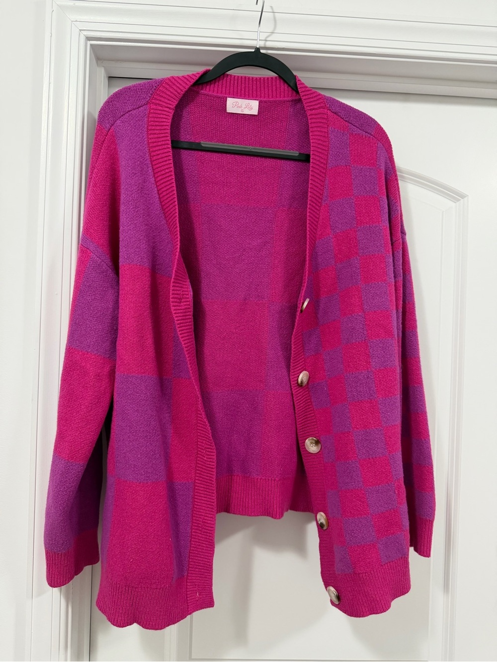Pink Lily Fuchsia & Purple Checkerboard Button Cardigan
